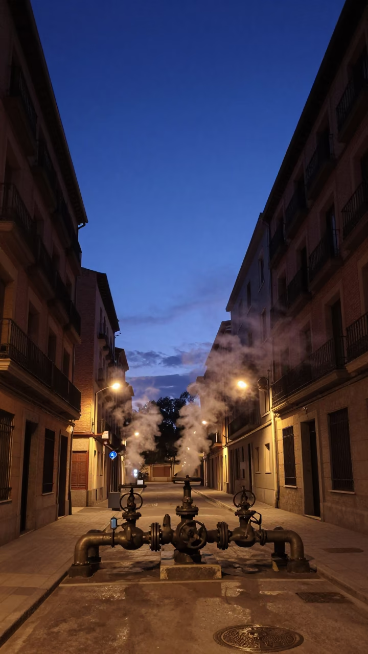 Predawn Madrid Street Scene with Steaming District Heating Pipes and Urban Morning Ambience in in Madrid, Spain