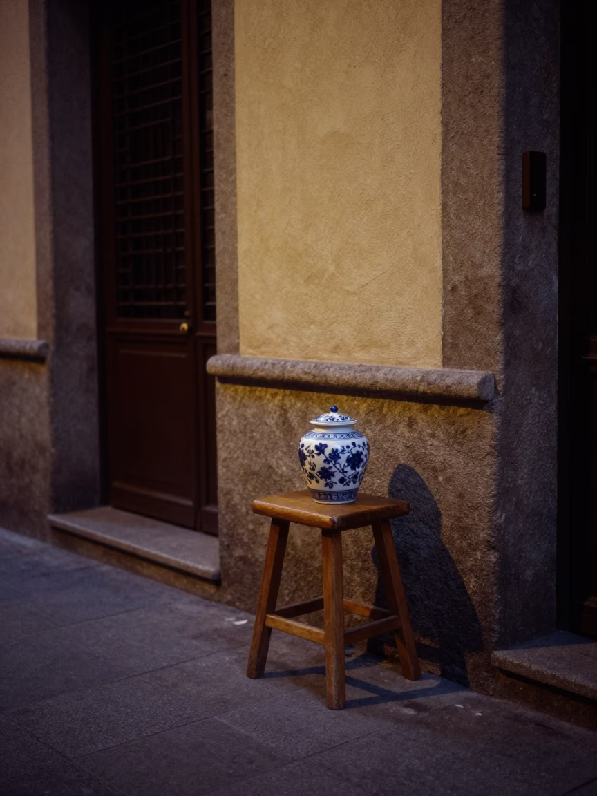Predawn Madrid Street Scene with Stool and Porcelain Jar in Dark Alleyway in in Madrid, Spain