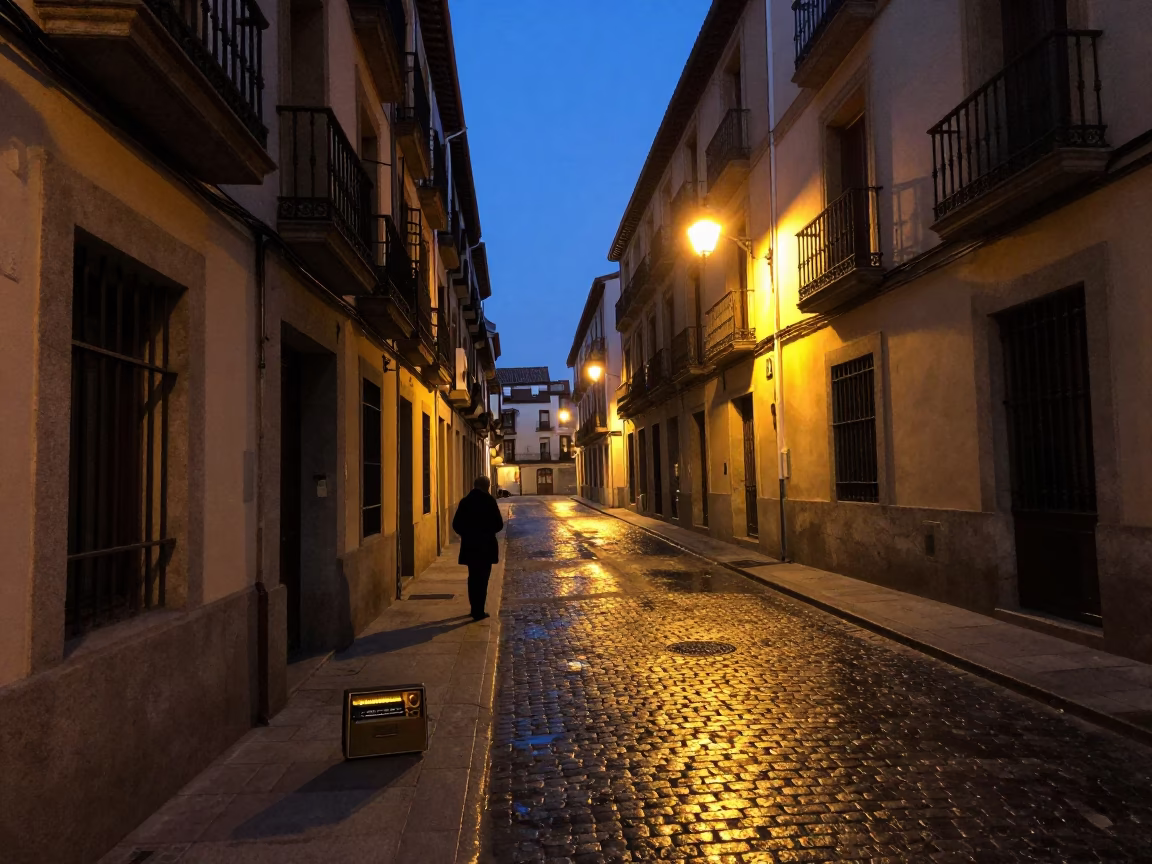 Predawn Madrid Street Scene with Vintage Radio and Metal Bucket on Cobblestone in in Madrid, Spain