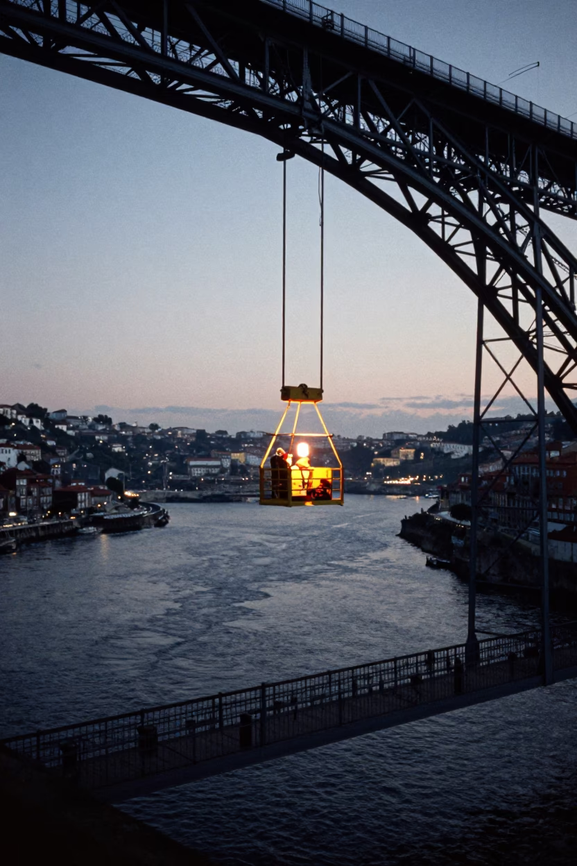 Predawn maintenance cradle hanging above Douro River in Porto Portugal in in Porto, Portugal