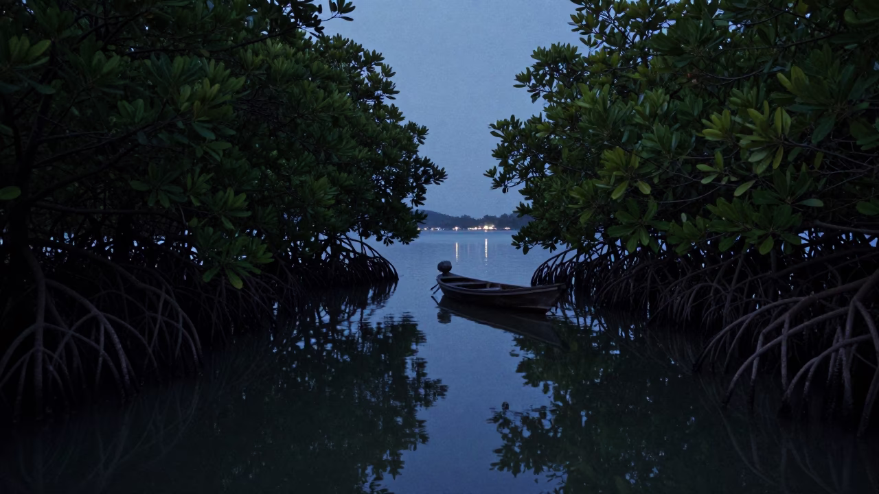 Predawn Mangrove Channel Reflections in Phuket Thailand with Wooden Boat in in Phuket, Thailand