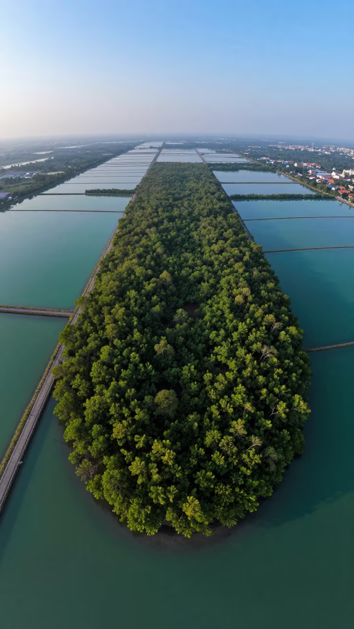 Predawn Mangrove Island Turquoise Water Bangkok in high over salt ponds and causeways near Bangkok