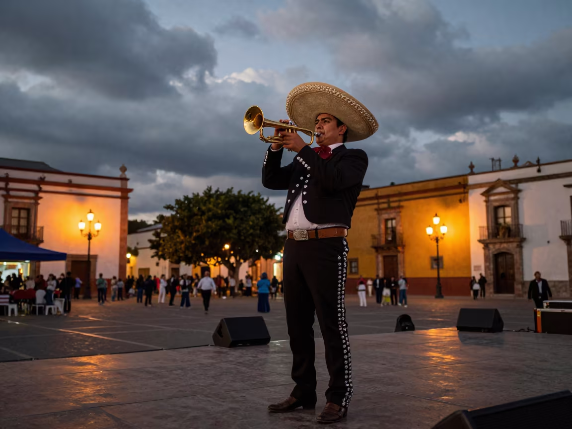 Predawn Mariachi Trumpet Player in Oaxaca Plaza in on an outdoor festival stage in Oaxaca