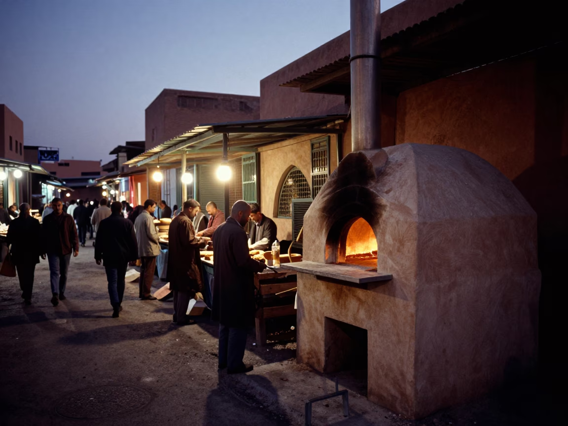 Predawn Market Activity in Marrakech Morocco with Traditional Bread Oven in in Marrakech, Morocco
