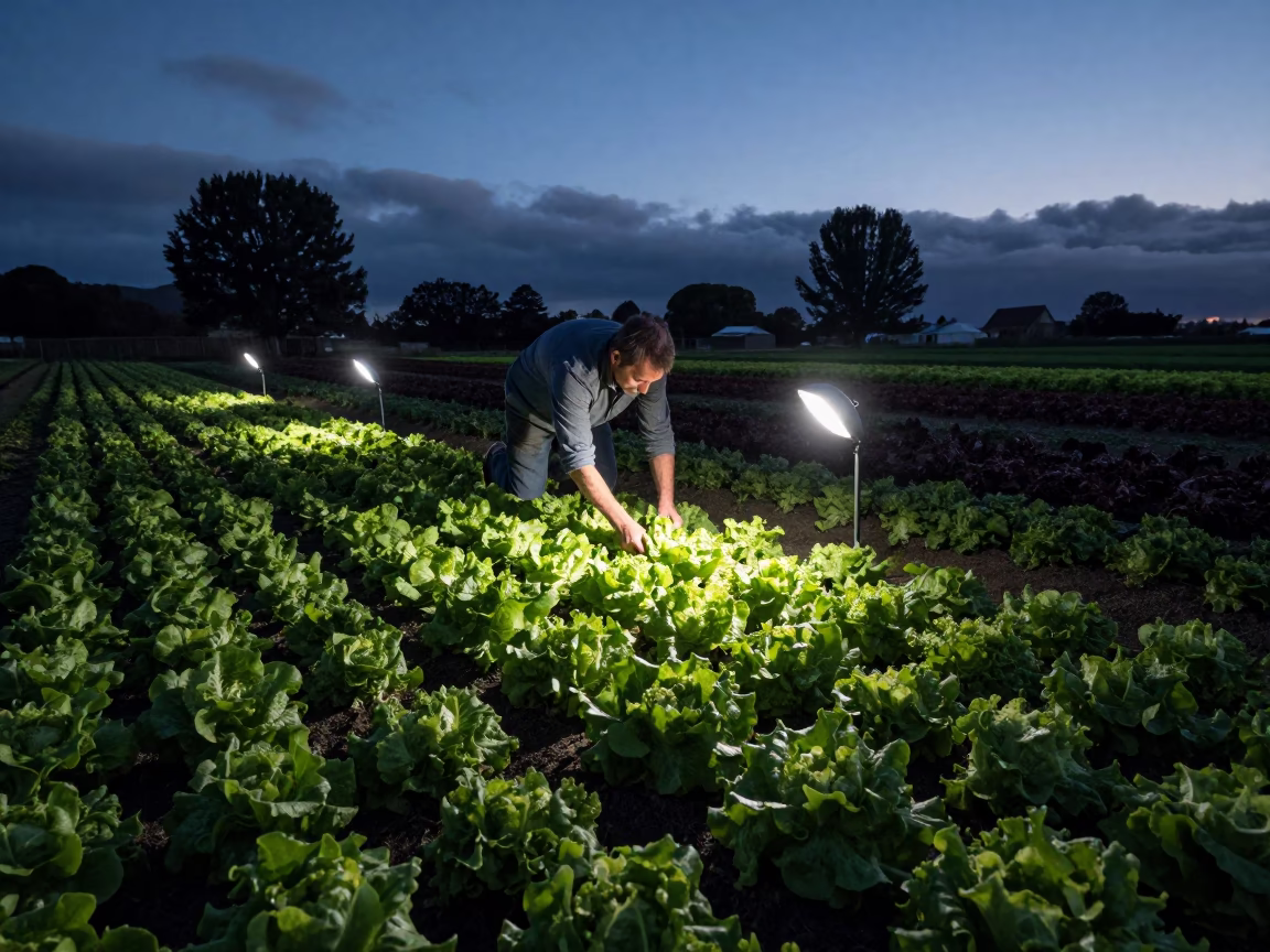 Predawn Market Gardener Harvesting Lettuce in Christchurch New Zealand Fields in in Christchurch, New Zealand