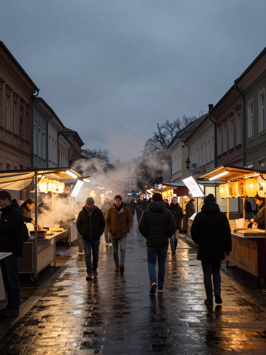 Predawn Market Lane Glow with Steam and Lanterns in in a shrine lined with lanterns in Sosnowiec
