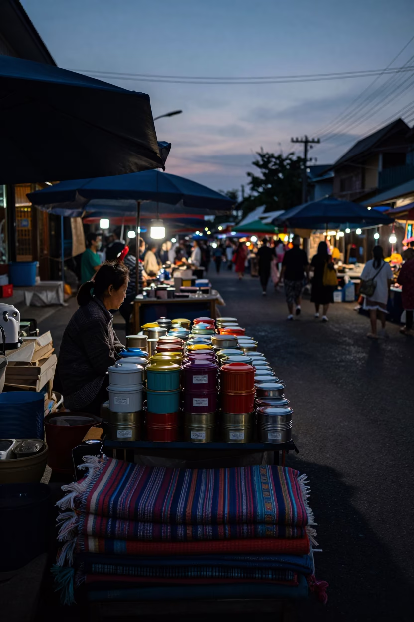 Predawn Market Scene in Chiang Mai Thailand with Tiffin Tin and Blankets in in Chiang Mai, Thailand