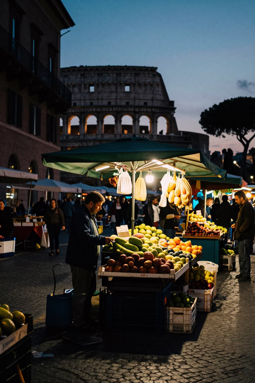 Predawn Market Scene in Rome Italy with Fruit Vendor and Early Morning Activity in in Rome, Italy