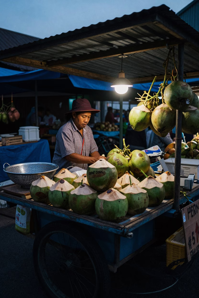 Predawn Market Stall in Chiang Mai Thailand with Coconuts and Colander in in Chiang Mai, Thailand