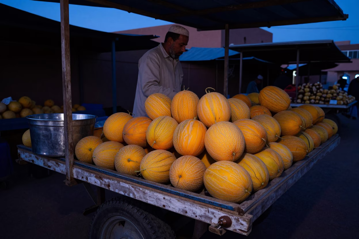 Predawn Market Stall in Marrakech Morocco with Melons and Brushed Steel in in Marrakech, Morocco