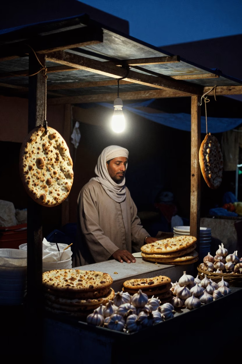 Predawn Market Stall in Marrakech Morocco with Naan Bread and Garlic Butter in in Marrakech, Morocco