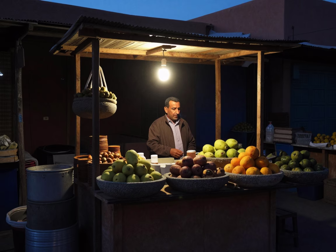 Predawn Market Stall in Marrakech Morocco with Stone Bowl and Fruit Knife in in Marrakech, Morocco
