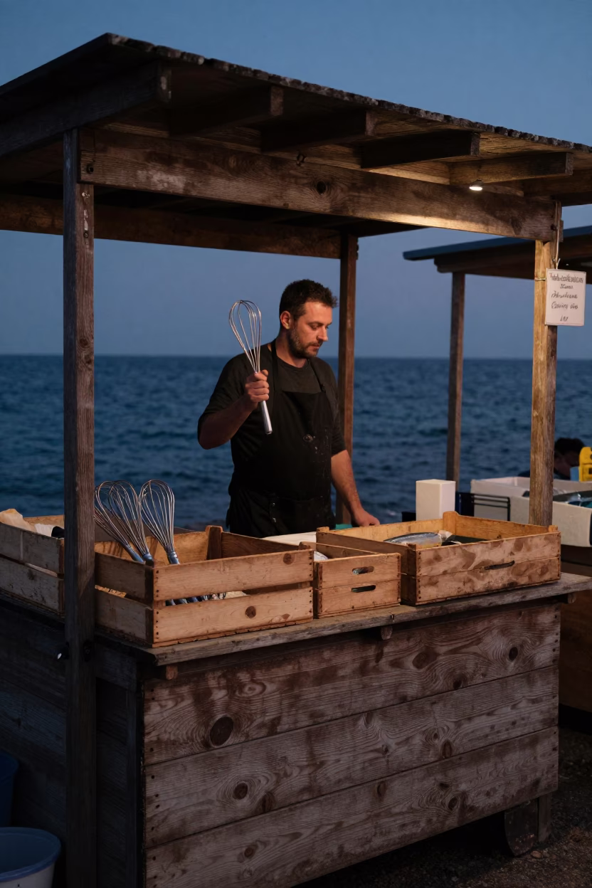Predawn Market Stall in Nice France with Wooden Crate and Whisks in in Nice, France