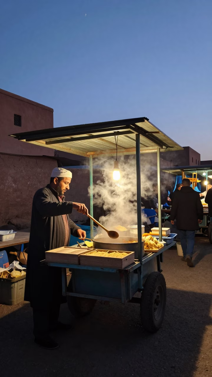 Predawn Marrakech Market Stall with Steam and Early Morning Light in in Marrakech, Morocco