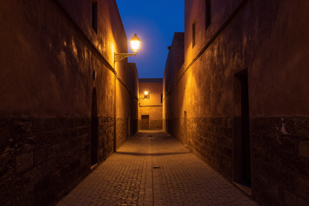Predawn Marrakech Medina Alley with Stone Walls and Warm Street Light in in Marrakech, Morocco