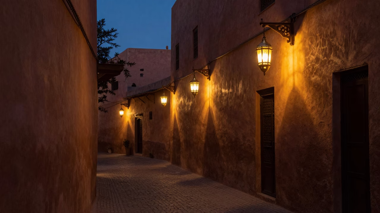 Predawn Marrakech Medina Alleyway with Lantern Light and Traditional Architecture in in Marrakech, Morocco