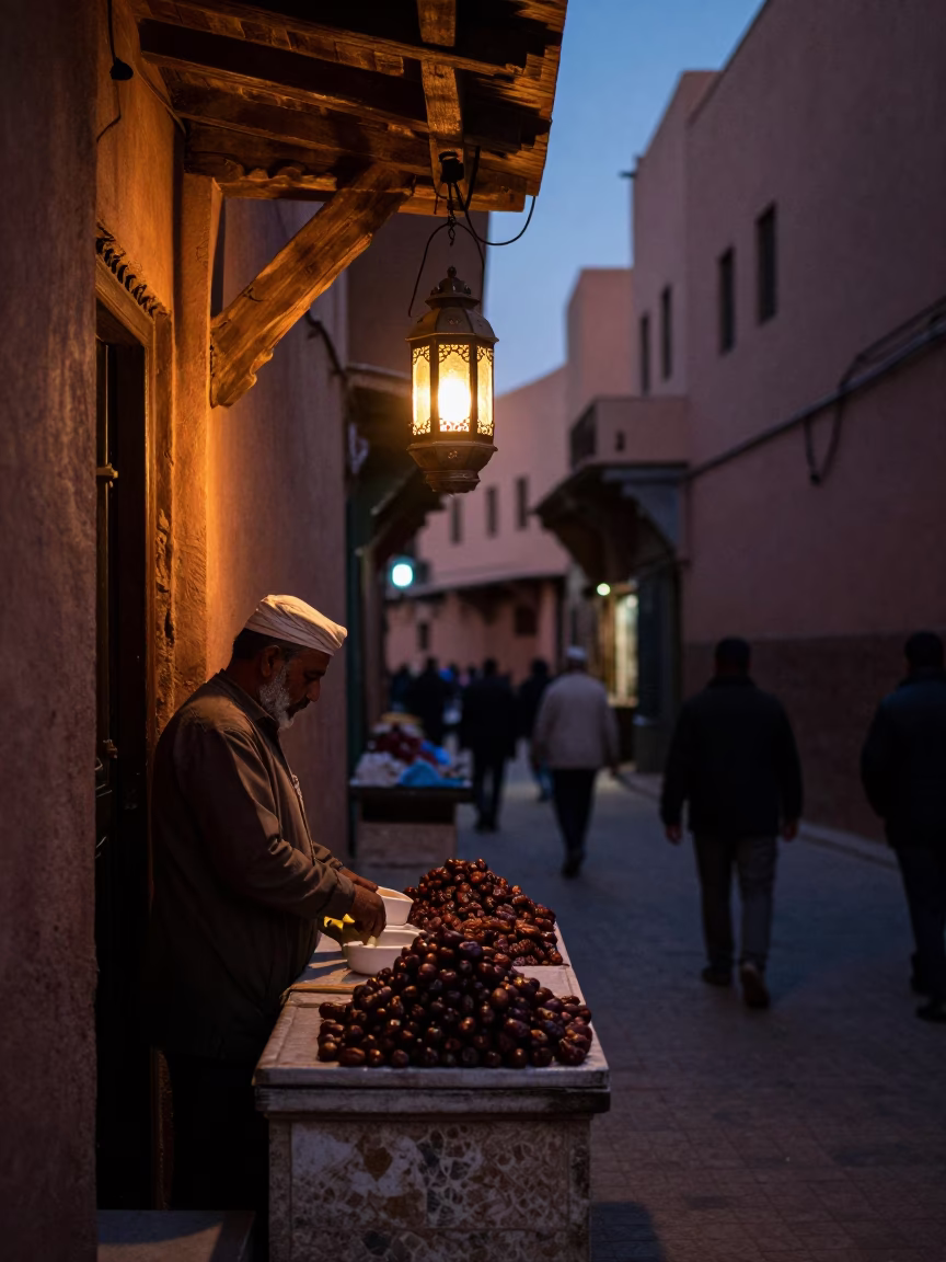 Predawn Marrakech Morocco street scene with lantern light and bustling market preparation in in Marrakech, Morocco