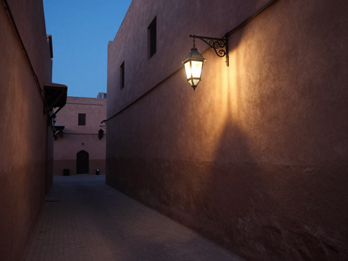 Predawn Marrakech Morocco street scene with traditional lantern and early morning activity in in Marrakech, Morocco
