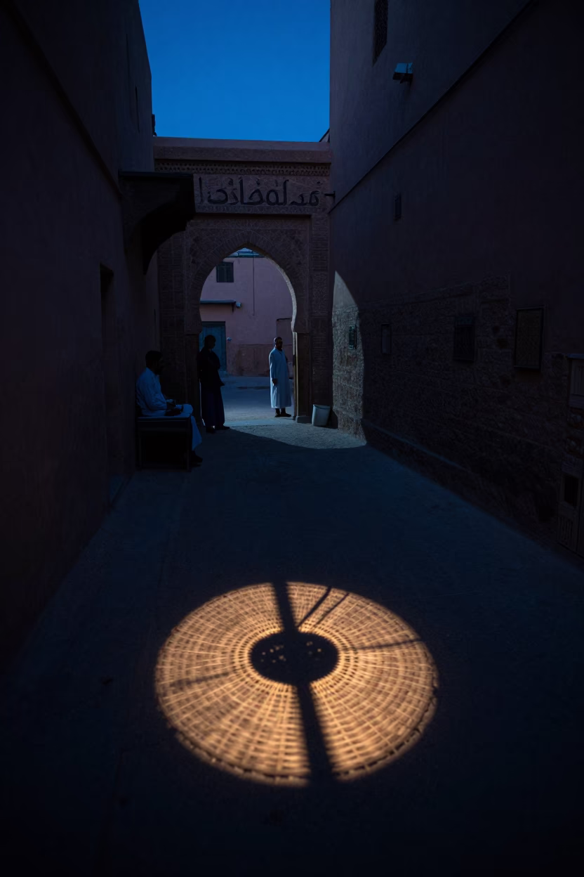 Predawn Marrakech Morocco Street Scene with Wicker Basket Shadow and Morning Routine in in Marrakech, Morocco