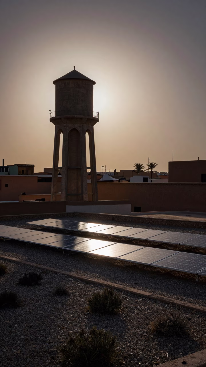 Predawn Marrakech Rooftop Water Tower and Solar Array Glinting in Darkness in in Marrakech, Morocco