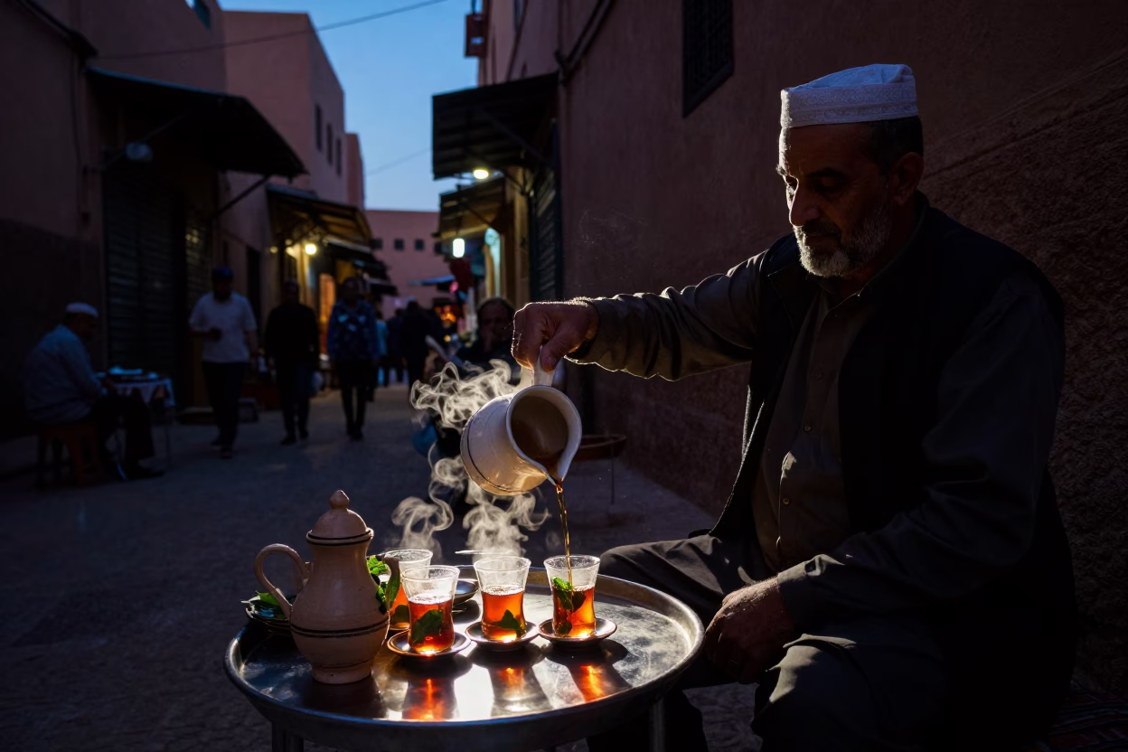 Predawn Marrakech Souk Street Scene with Ceramic Pitcher and Tea Infuser in in Marrakech, Morocco