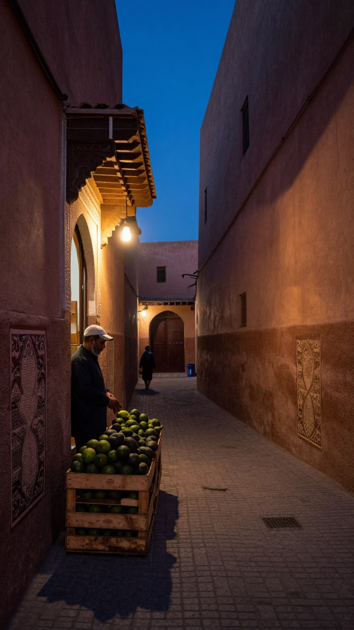 Predawn Marrakech Street Scene with Avocados and Traditional Architecture in in Marrakech, Morocco