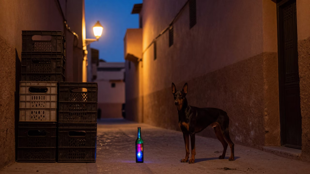 Predawn Marrakech Street Scene with Colored Glass Bottle and German Pinscher in in Marrakech, Morocco