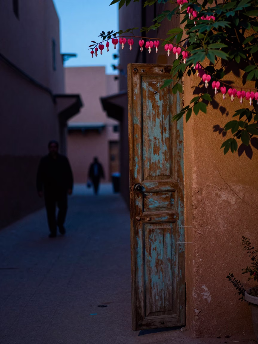 Predawn Marrakech Street Scene with Doorframe and Bleeding Heart Vine in Morocco in in Marrakech, Morocco