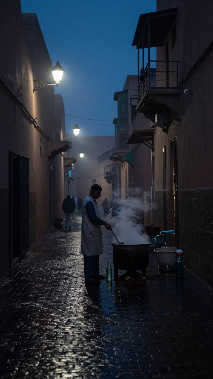Predawn Marrakech Street Scene with Ladle and Glass Bottle Neck in in Marrakech, Morocco