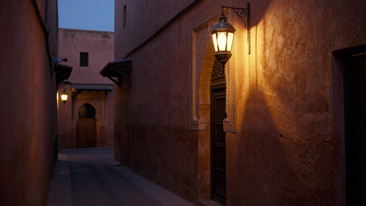 Predawn Marrakech Street Scene with Lantern and Prayer Beads in Morocco in in Marrakech, Morocco
