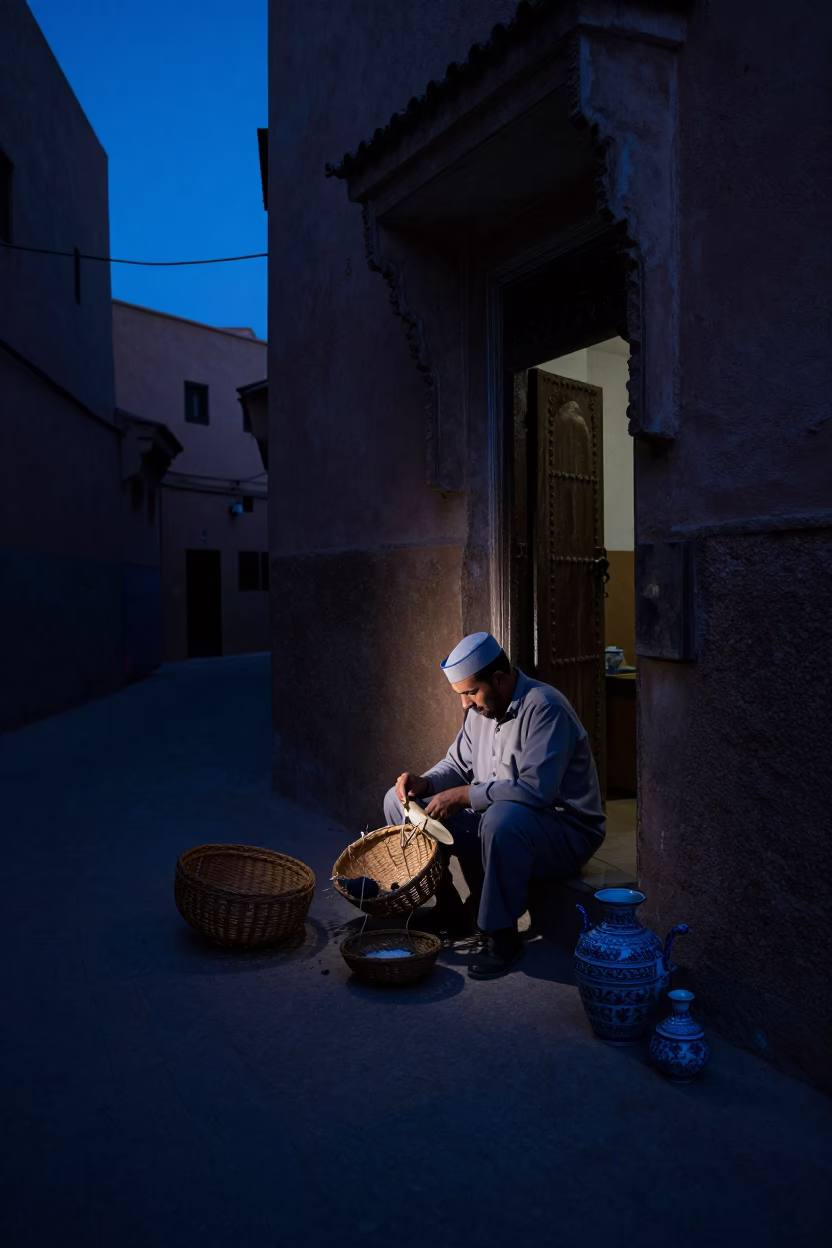 Predawn Marrakech Street Scene with Mending Basket and Porcelain Jar in Colorful 1990s Photography in in Marrakech, Morocco
