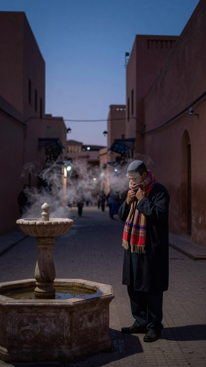 Predawn Marrakech Street Scene with Scarf and Steam Haze in Historic Medina in in Marrakech, Morocco