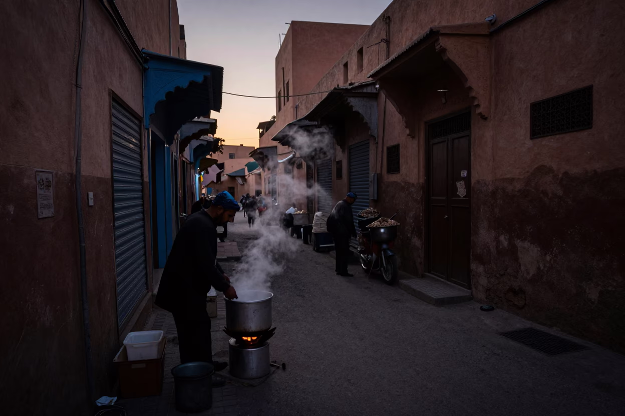 Predawn Marrakech Street Scene with Steam and Local Commerce in in Marrakech, Morocco