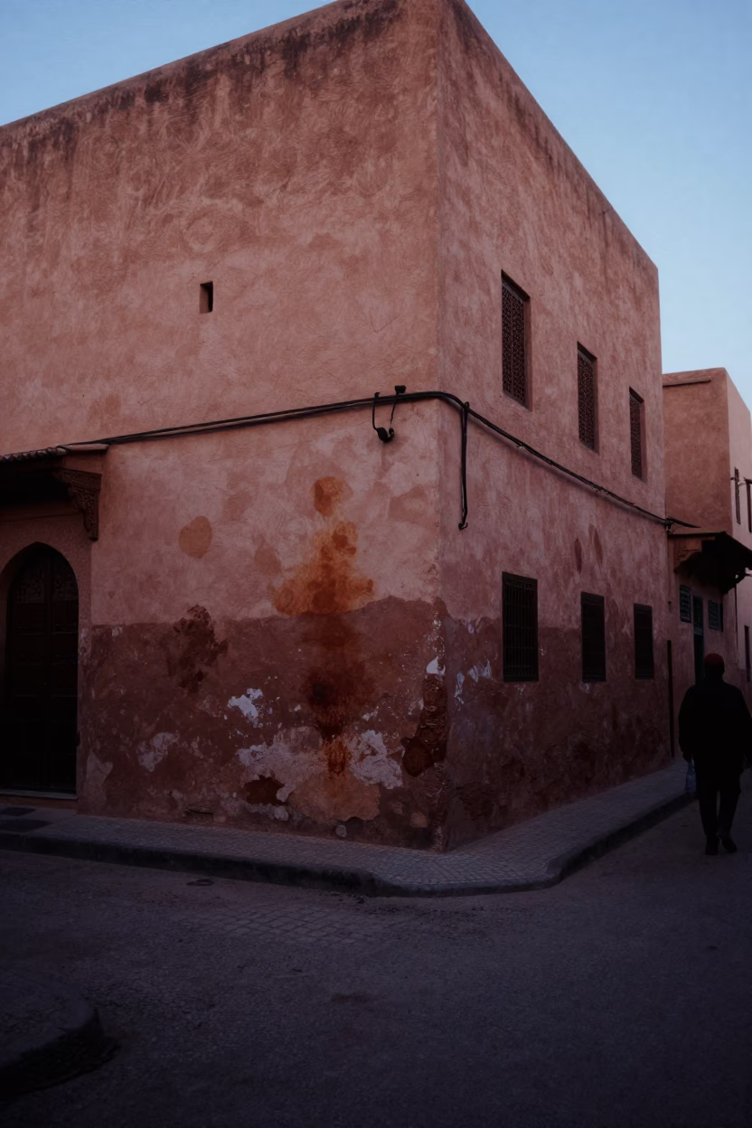Predawn Marrakech Street Scene with Tea Stains on Plaster and Chili Peppers in in Marrakech, Morocco
