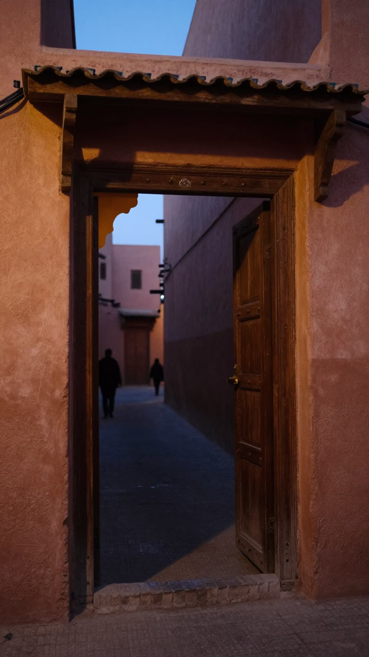 Predawn Marrakech Street Scene with Traditional Doorframe and Early Morning Light in in Marrakech, Morocco