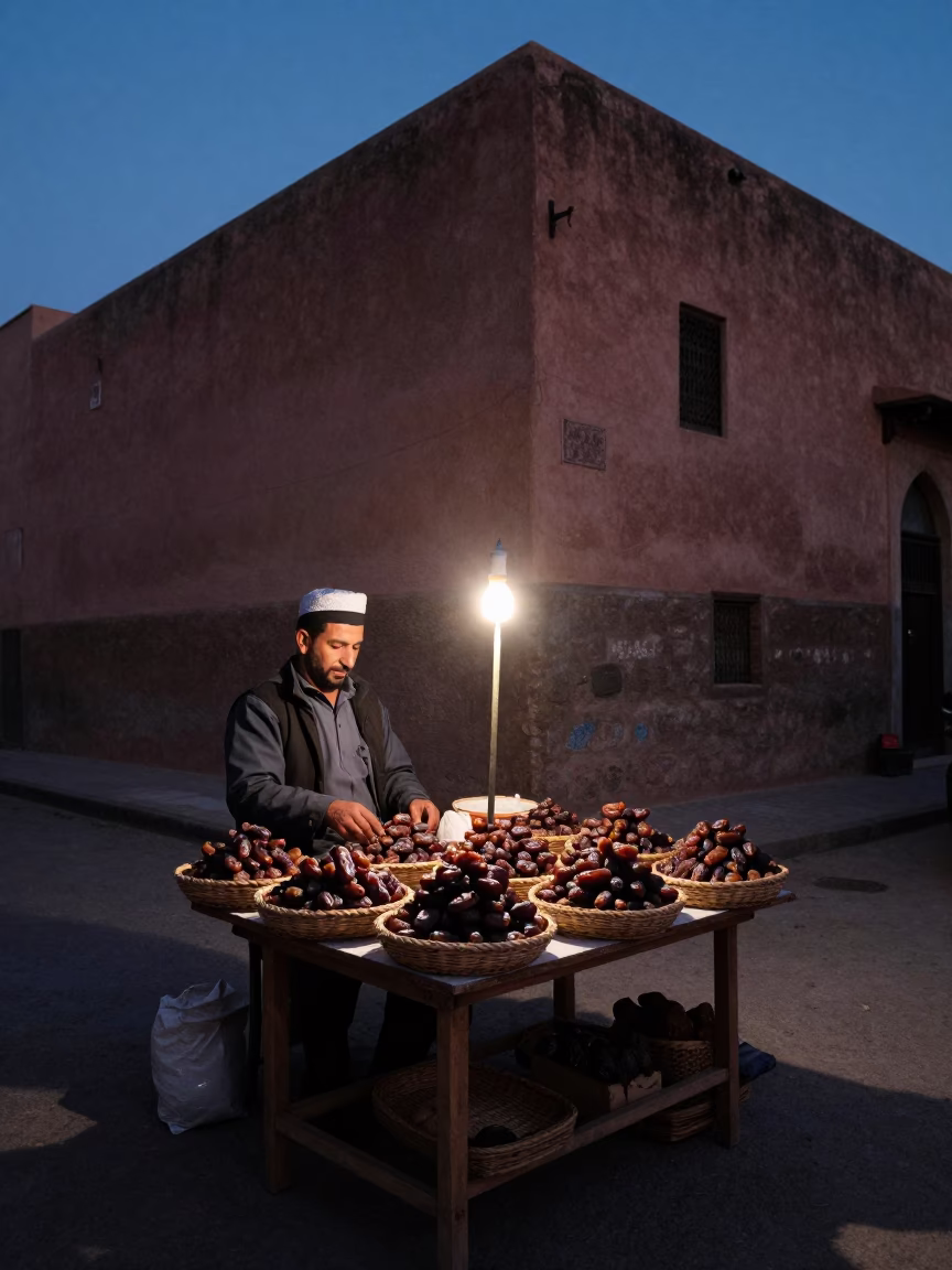 Predawn Marrakech Street Scene with Vendor Selling Fresh Dates in Dim Light in in Marrakech, Morocco