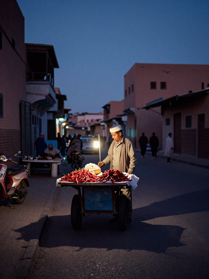 Predawn Marrakech street scene with vendor stall chili peppers and terracotta bowls in in Marrakech, Morocco