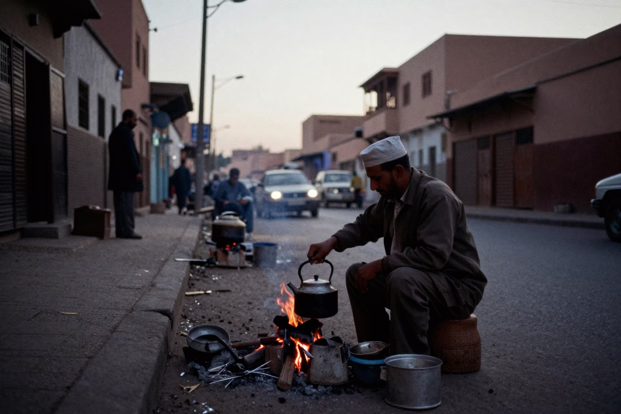 Predawn Marrakech Street Scene with Vintage 1950s Aesthetic and Local Market Activity in in Marrakech, Morocco