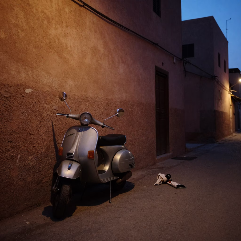 Predawn Marrakech Street Scene with Vintage Vespa and Fallen Rose Petals in in Marrakech, Morocco
