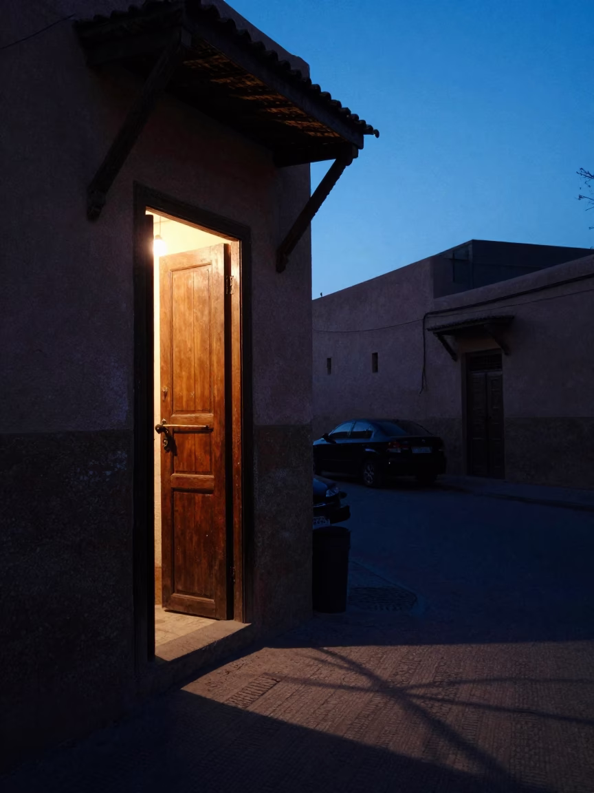Predawn Marrakech Street Scene with Wicker Shadow on Doorframe and Local Interaction in in Marrakech, Morocco
