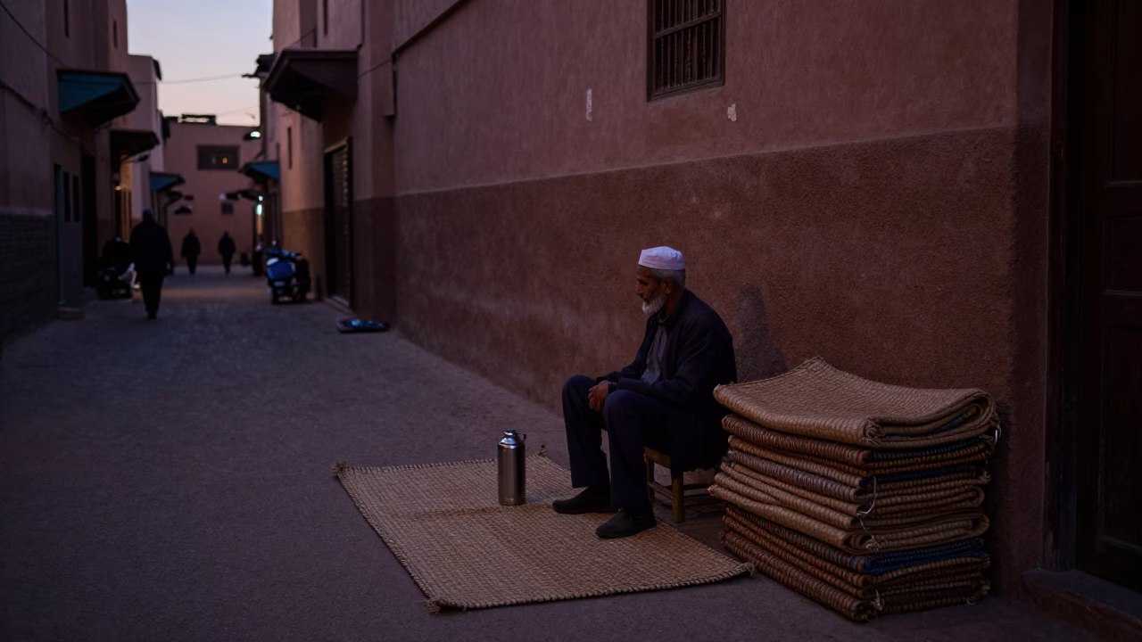Predawn Marrakech Street Scene with Woven Mats and Thermos in in Marrakech, Morocco