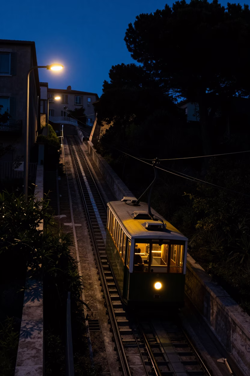 Predawn Marseille Funicular Climb Through Steep Hill Darkness in in Marseille, France