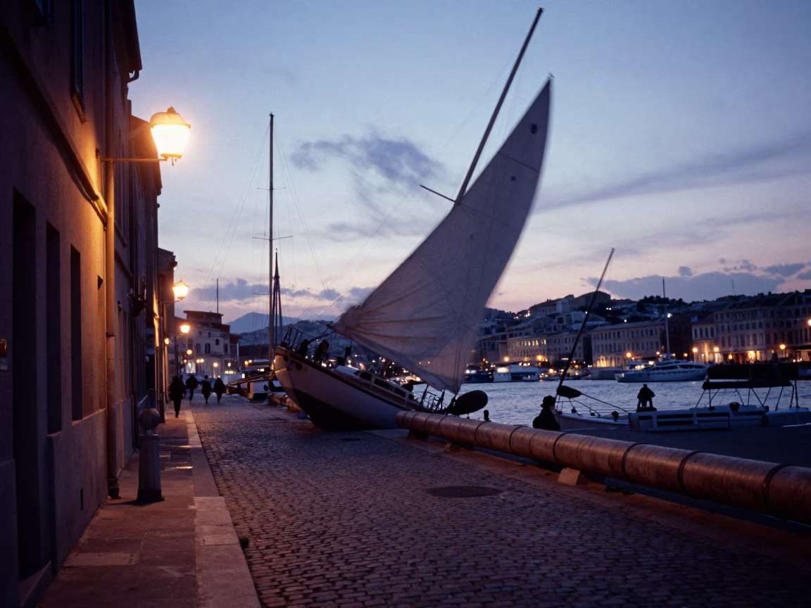 Predawn Marseille Harbor Street Scene with Sailboat and Pipeline Infrastructure in in Marseille, France