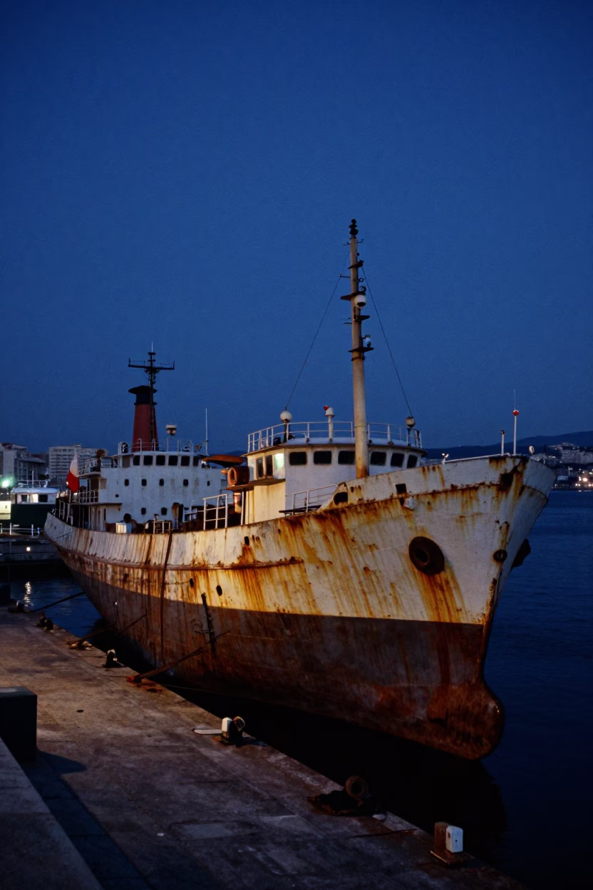 Predawn Marseille Harbor with Dry Dock Ship Hull and Bicycle at Dawn in in Marseille, France