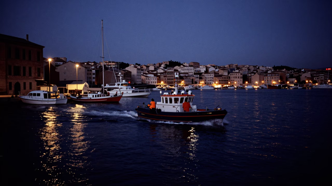 Predawn Marseille Harbor with Rescue Boat and Dhow in Dark Waters in in Marseille, France