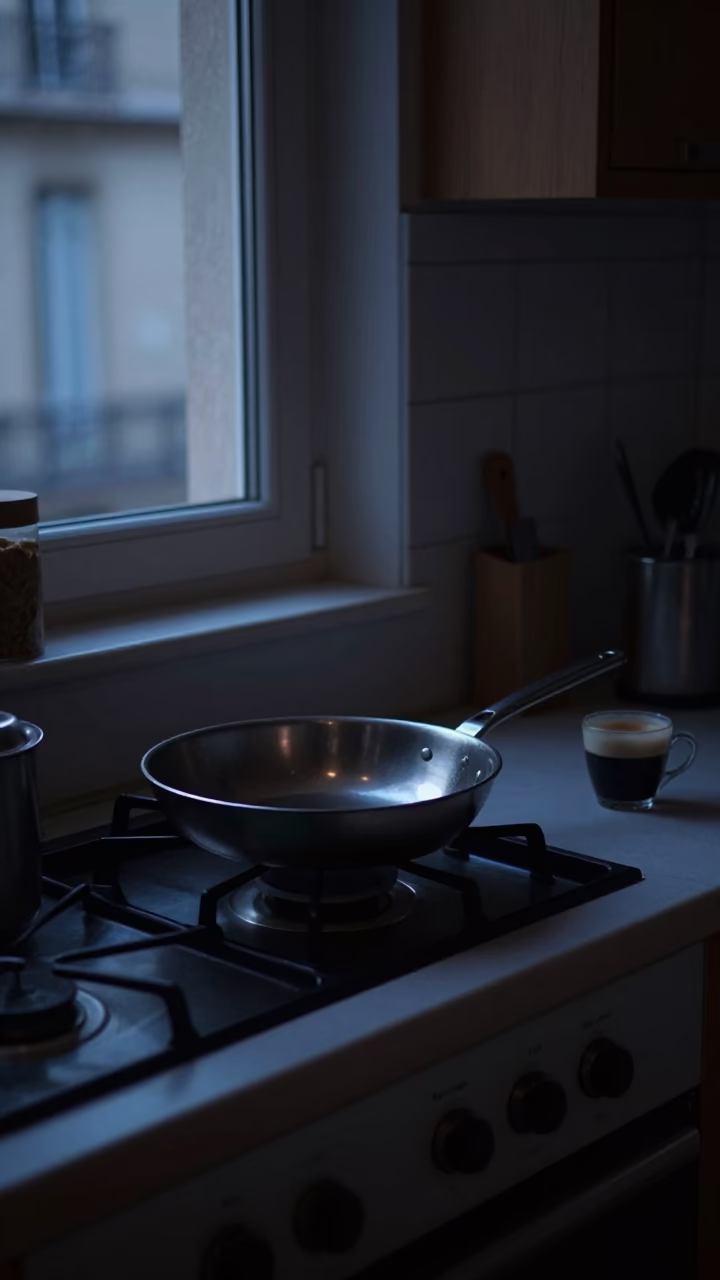 Predawn Marseille Kitchen Scene with Skillet and Espresso in in Marseille, France