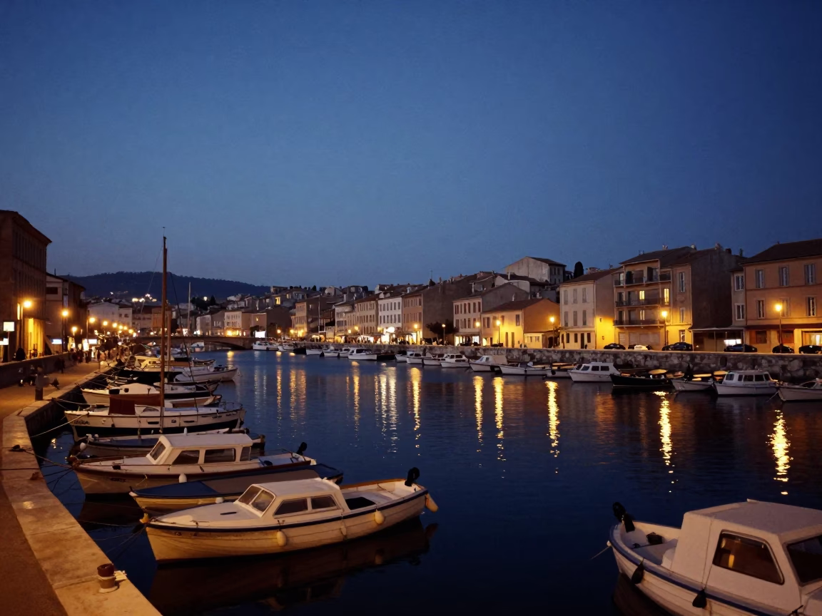 Predawn Marseille Old Port with Docked Boats and City Lights Reflection in in Marseille, France