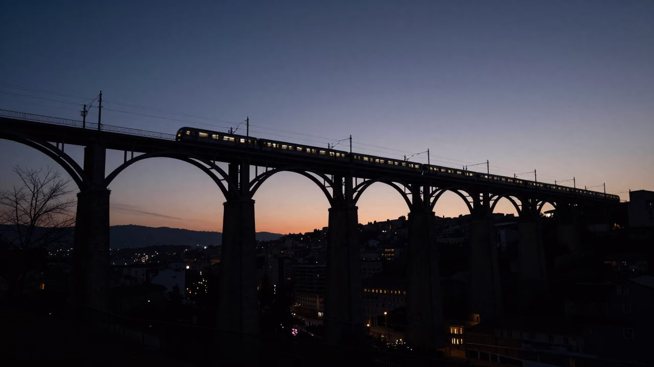 Predawn Marseille Railway Viaduct with Passing Train in Dark in in Marseille, France