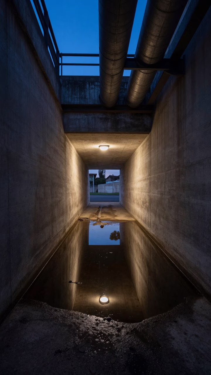 Predawn Marseille Service Tunnel Sump Reflecting Industrial Pipework and Blinking Indicators in in Marseille, France