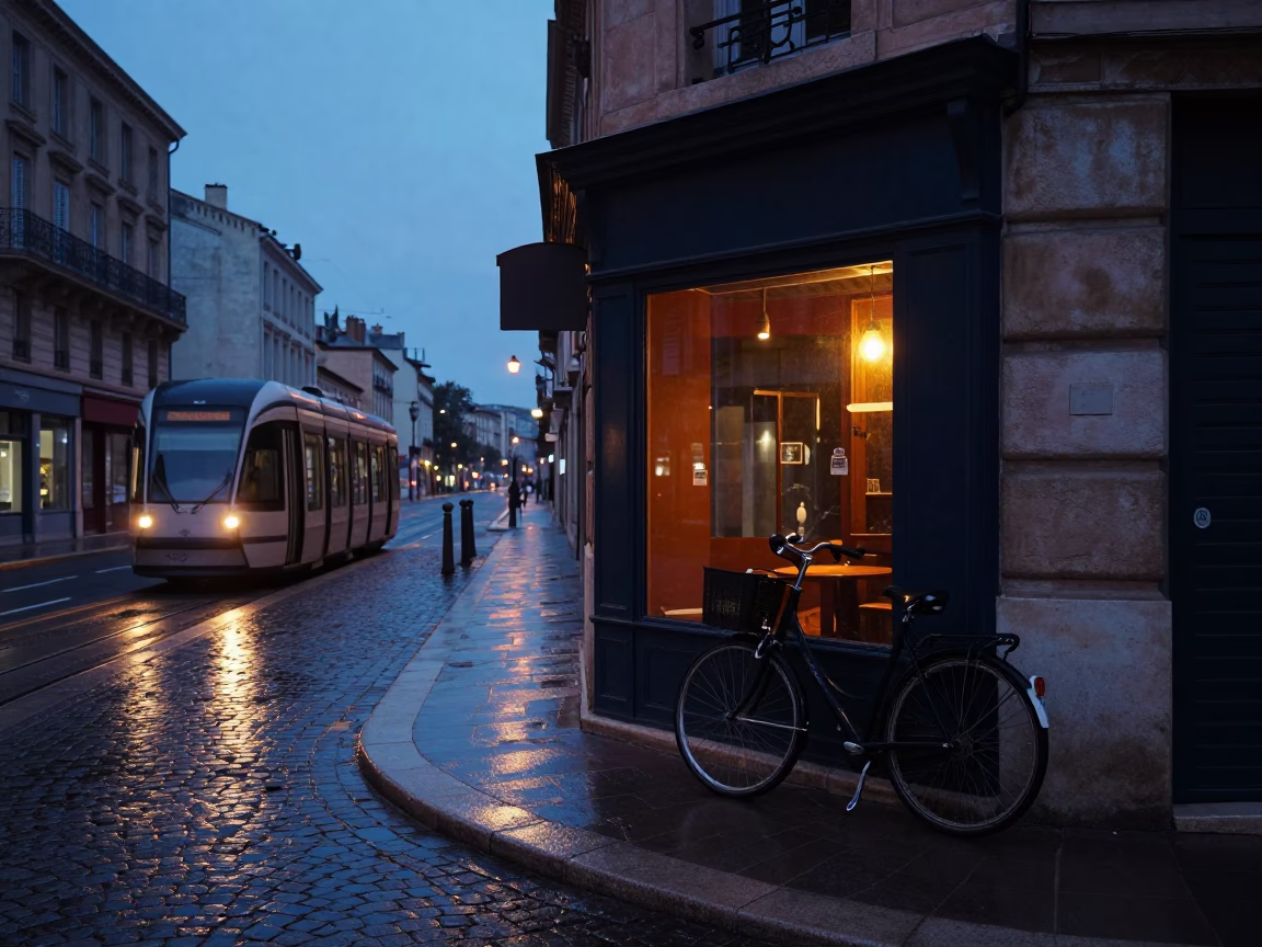 Predawn Marseille Street Scene with Bicycle and Heritage Tram on Cobblestones in in Marseille, France